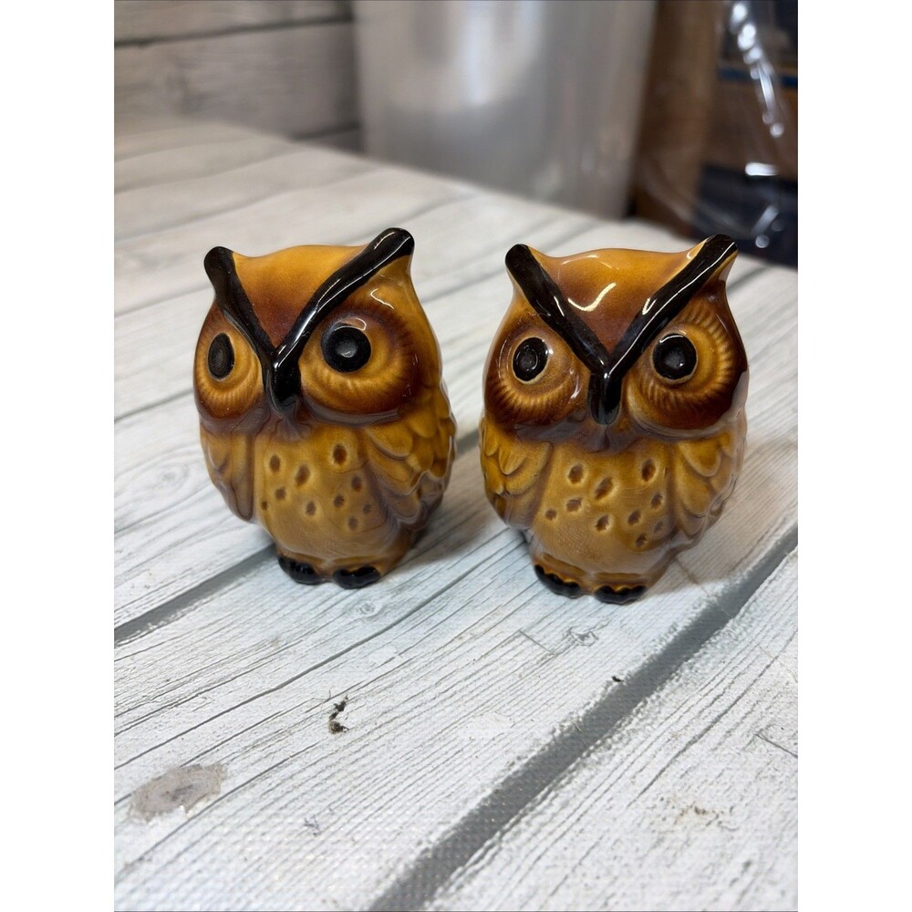 Wise Owl Vintage Salt & Pepper Shaker Set Japan Brown